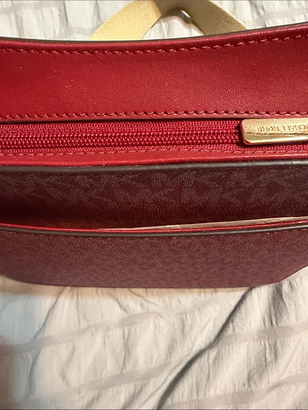 Michael Kors Burgundy and White Signature Stripe Crossbody Bag